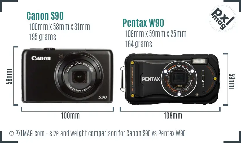 Canon S90 vs Pentax W90 size comparison