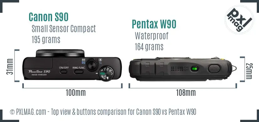 Canon S90 vs Pentax W90 top view buttons comparison