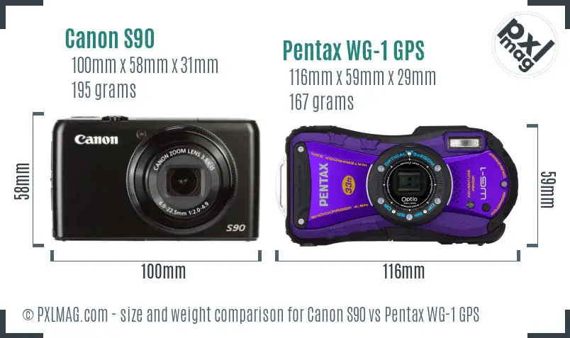 Canon S90 vs Pentax WG-1 GPS size comparison Canon S90 vs Pentax WG-1 GPS size comparison