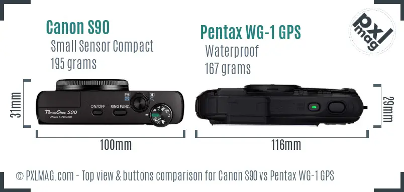 Canon S90 vs Pentax WG-1 GPS top view buttons comparison Canon S90 vs Pentax WG-1 GPS top view buttons comparison