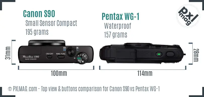 Canon S90 vs Pentax WG-1 top view buttons comparison