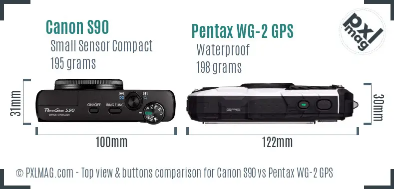 Canon S90 vs Pentax WG-2 GPS top view buttons comparison
