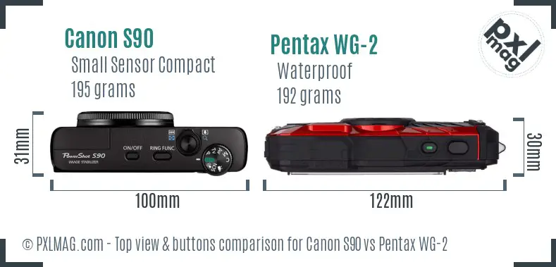 Canon S90 vs Pentax WG-2 top view buttons comparison