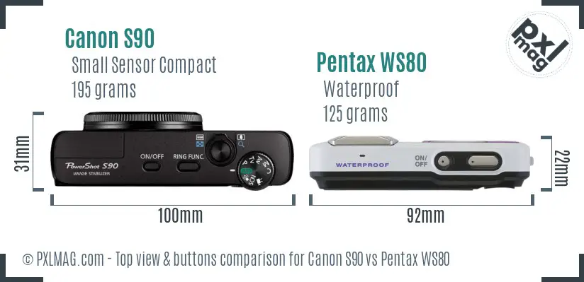 Canon S90 vs Pentax WS80 top view buttons comparison