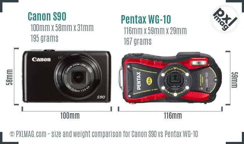 Canon S90 vs Pentax WG-10 size comparison