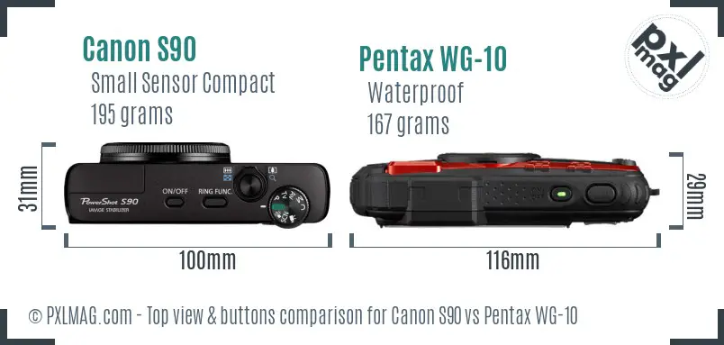 Canon S90 vs Pentax WG-10 top view buttons comparison