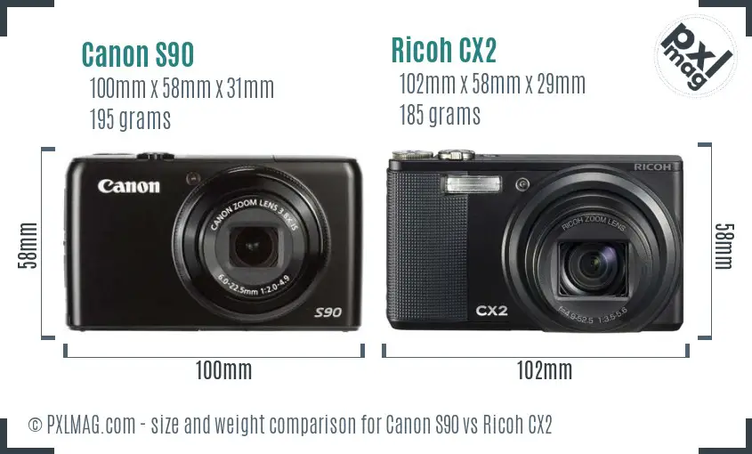 Canon S90 vs Ricoh CX2 size comparison