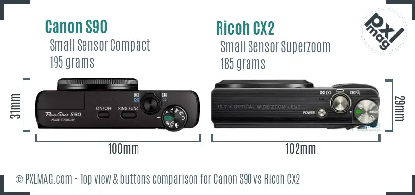 Canon S90 vs Ricoh CX2 top view buttons comparison