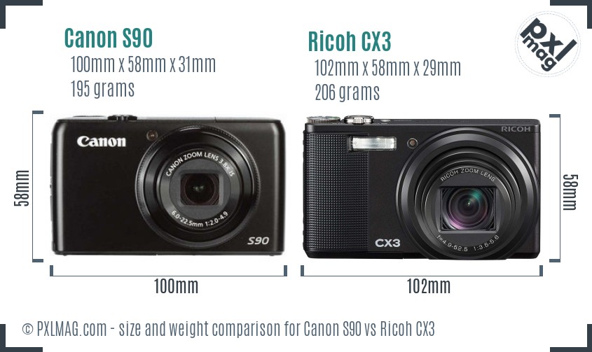Canon S90 vs Ricoh CX3 size comparison