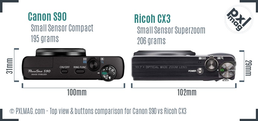 Canon S90 vs Ricoh CX3 top view buttons comparison