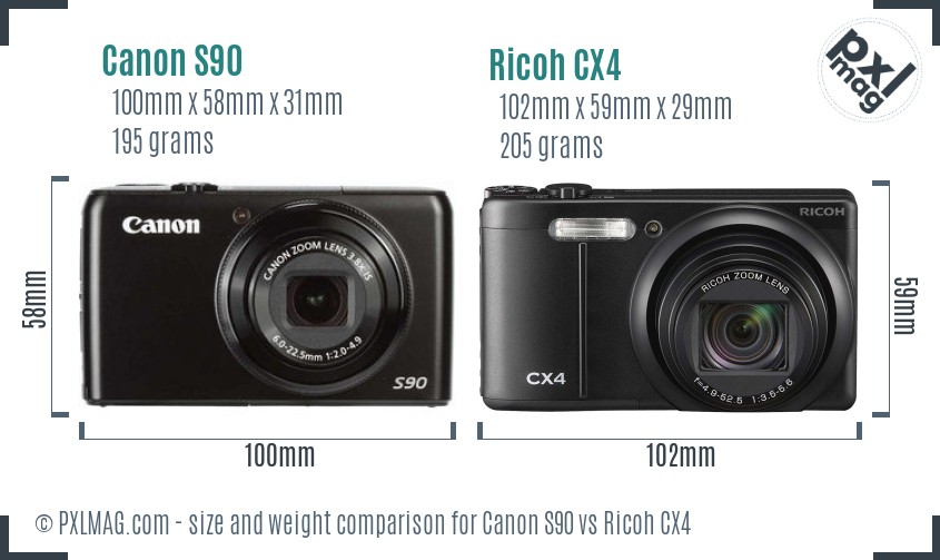 Canon S90 vs Ricoh CX4 size comparison