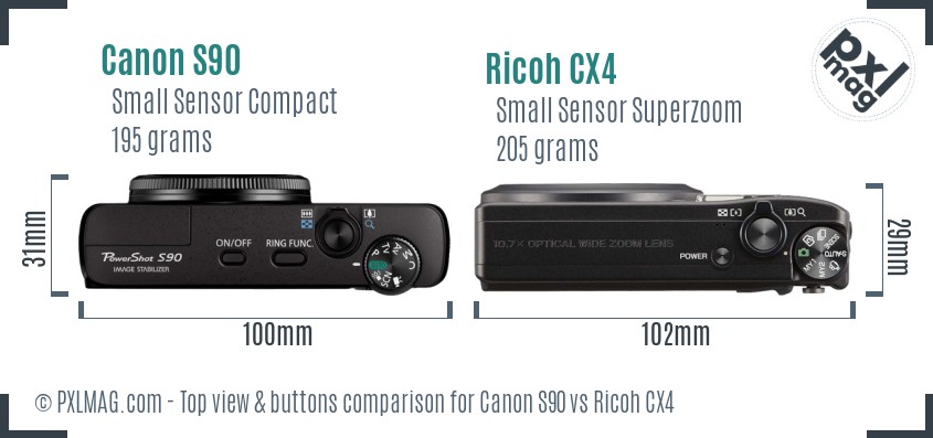 Canon S90 vs Ricoh CX4 top view buttons comparison