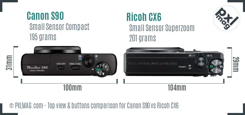 Canon S90 vs Ricoh CX6 top view buttons comparison