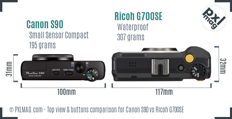 Canon S90 vs Ricoh G700SE top view buttons comparison