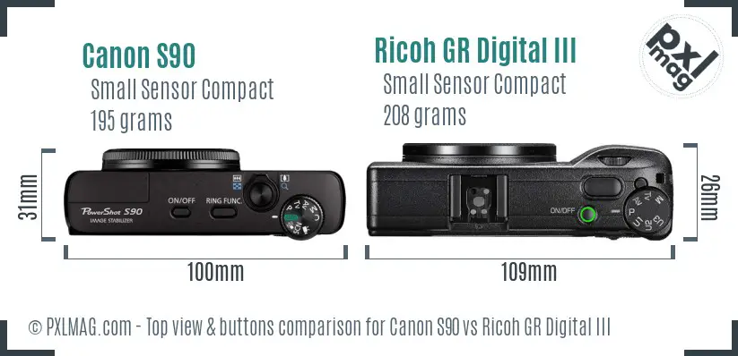 Canon S90 vs Ricoh GR Digital III top view buttons comparison Canon S90 vs Ricoh GR Digital III top view buttons comparison