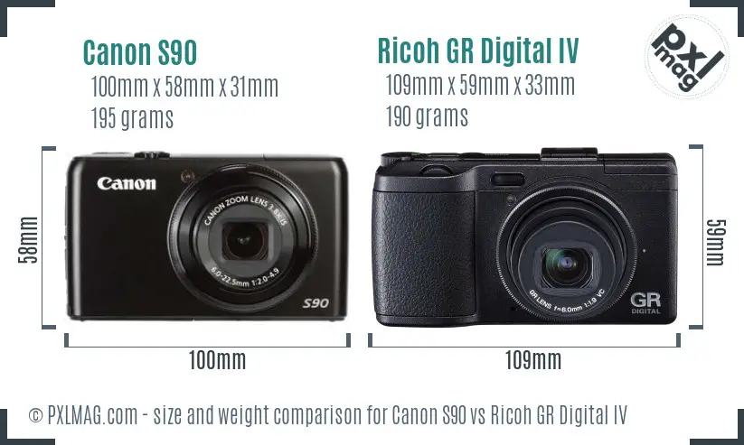 Canon S90 vs Ricoh GR Digital IV size comparison