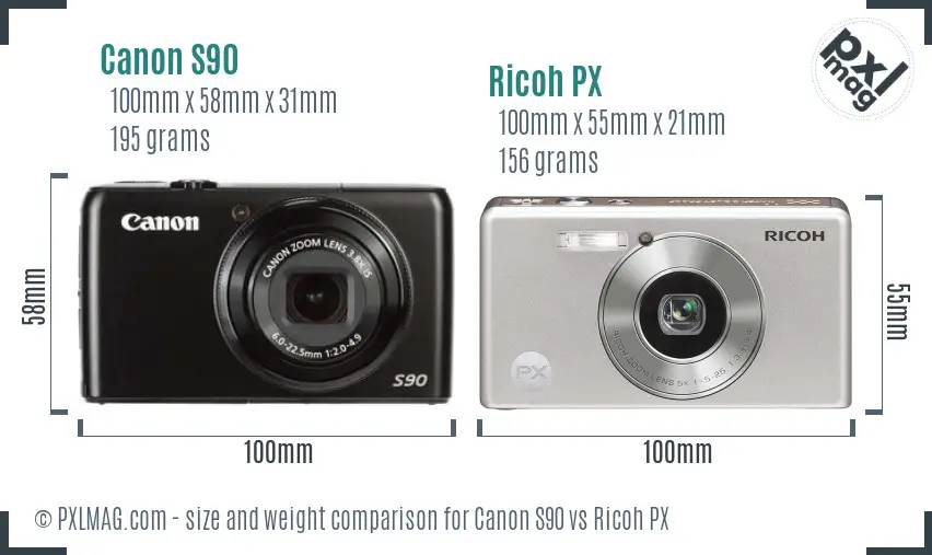 Canon S90 vs Ricoh PX size comparison