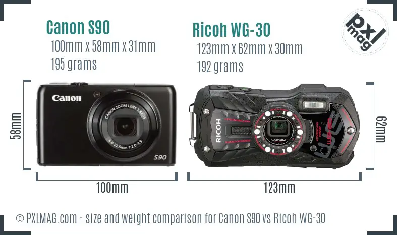Canon S90 vs Ricoh WG-30 size comparison