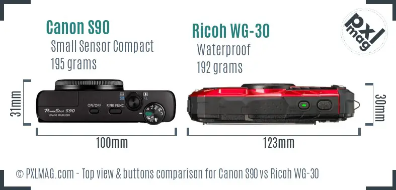 Canon S90 vs Ricoh WG-30 top view buttons comparison