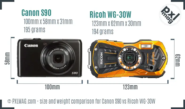 Canon S90 vs Ricoh WG-30W size comparison