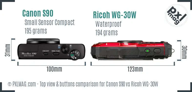 Canon S90 vs Ricoh WG-30W top view buttons comparison