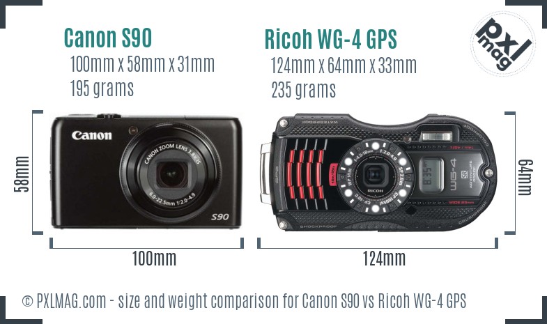 Canon S90 vs Ricoh WG-4 GPS size comparison