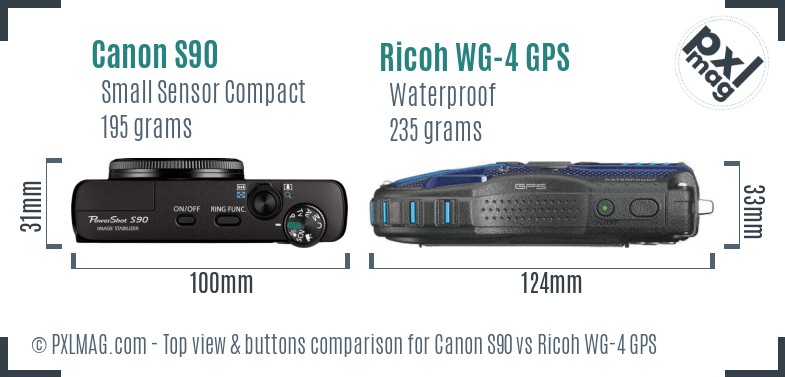 Canon S90 vs Ricoh WG-4 GPS top view buttons comparison