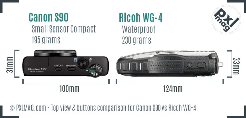 Canon S90 vs Ricoh WG-4 top view buttons comparison Canon S90 vs Ricoh WG-4 top view buttons comparison