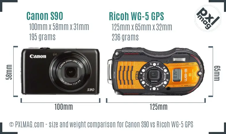 Canon S90 vs Ricoh WG-5 GPS size comparison