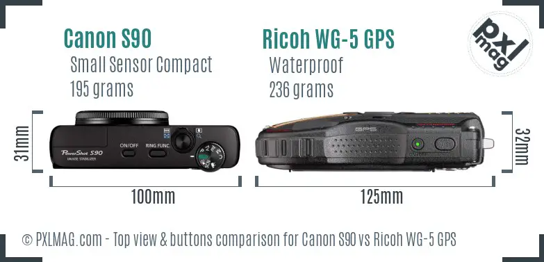 Canon S90 vs Ricoh WG-5 GPS top view buttons comparison