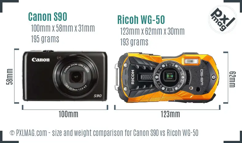 Canon S90 vs Ricoh WG-50 size comparison Canon S90 vs Ricoh WG-50 size comparison