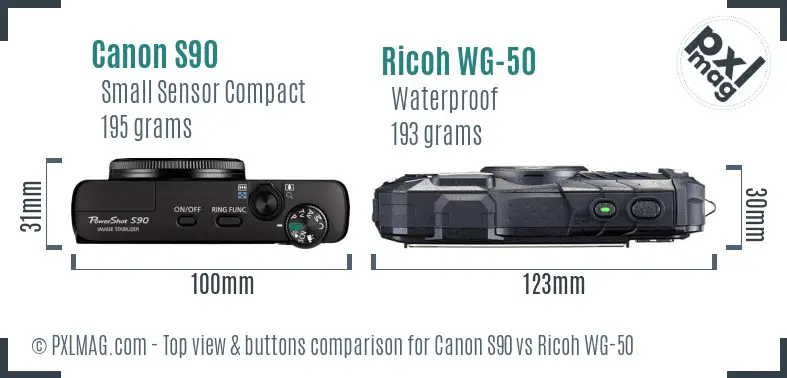Canon S90 vs Ricoh WG-50 top view buttons comparison Canon S90 vs Ricoh WG-50 top view buttons comparison