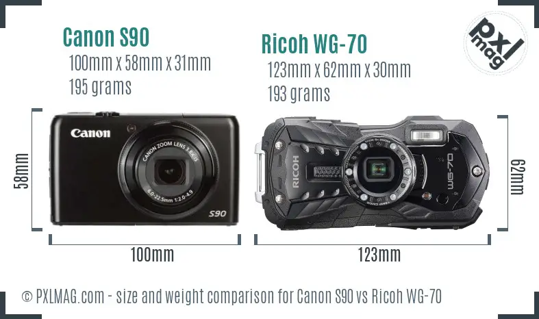 Canon S90 vs Ricoh WG-70 size comparison