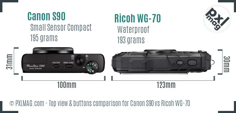 Canon S90 vs Ricoh WG-70 top view buttons comparison