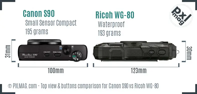 Canon S90 vs Ricoh WG-80 top view buttons comparison Canon S90 vs Ricoh WG-80 top view buttons comparison