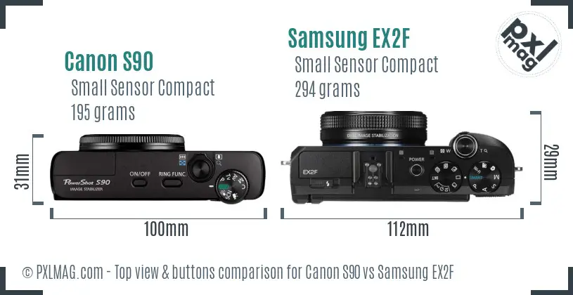 Canon S90 vs Samsung EX2F top view buttons comparison