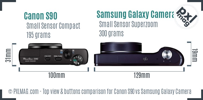 Canon S90 vs Samsung Galaxy Camera top view buttons comparison
