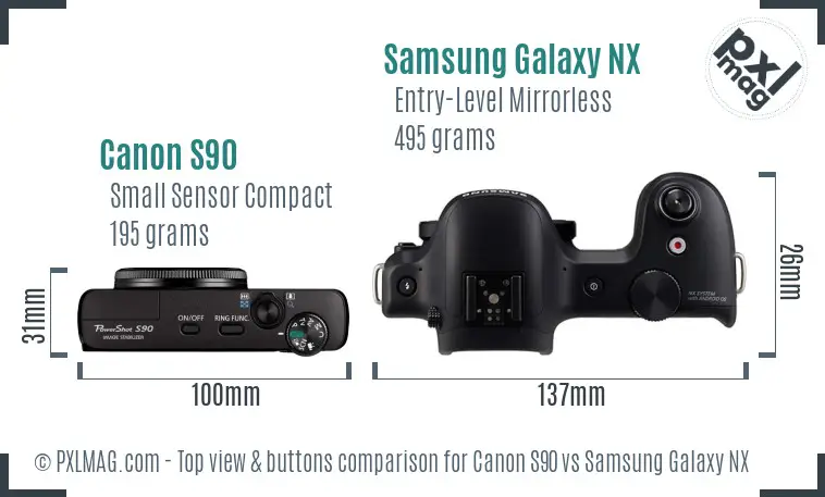 Canon S90 vs Samsung Galaxy NX top view buttons comparison