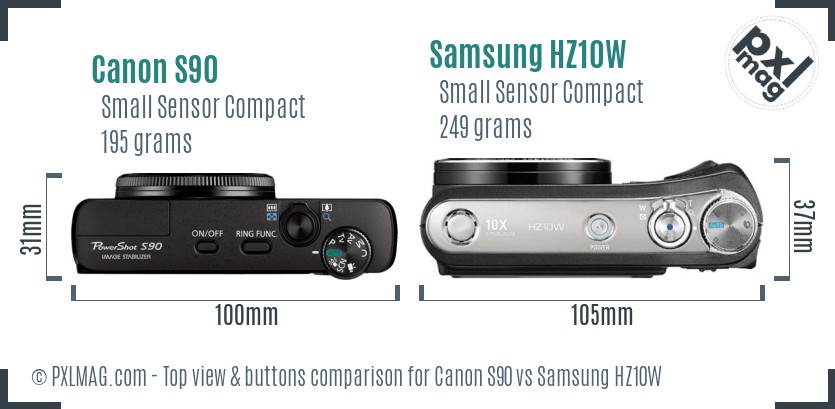 Canon S90 vs Samsung HZ10W top view buttons comparison