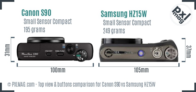 Canon S90 vs Samsung HZ15W top view buttons comparison