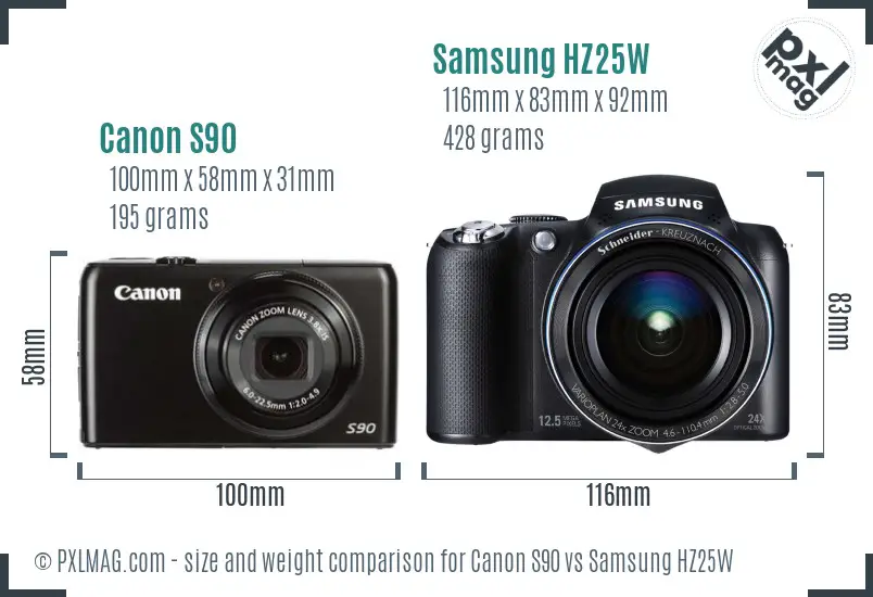 Canon S90 vs Samsung HZ25W size comparison