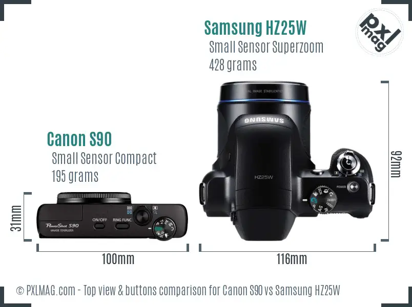 Canon S90 vs Samsung HZ25W top view buttons comparison