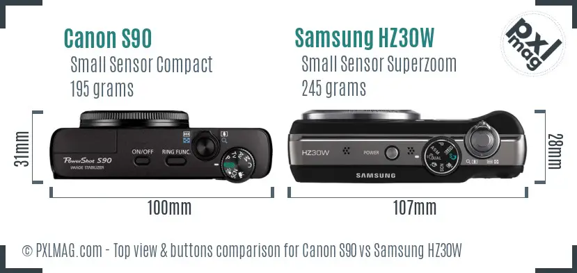 Canon S90 vs Samsung HZ30W top view buttons comparison