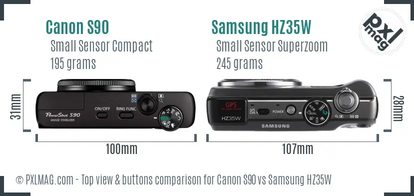 Canon S90 vs Samsung HZ35W top view buttons comparison