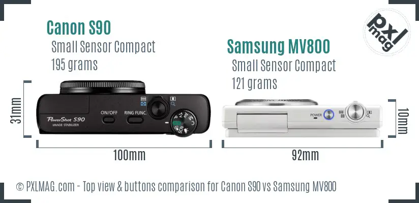 Canon S90 vs Samsung MV800 top view buttons comparison