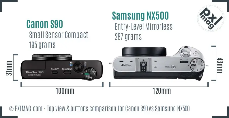 Canon S90 vs Samsung NX500 top view buttons comparison