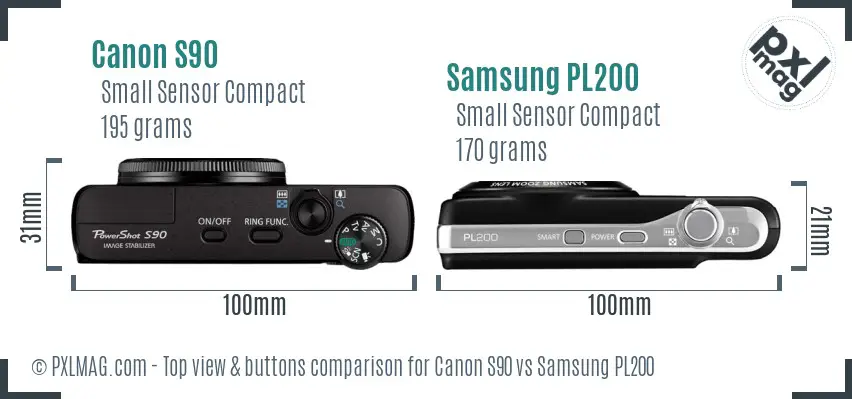 Canon S90 vs Samsung PL200 top view buttons comparison