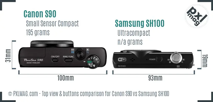 Canon S90 vs Samsung SH100 top view buttons comparison