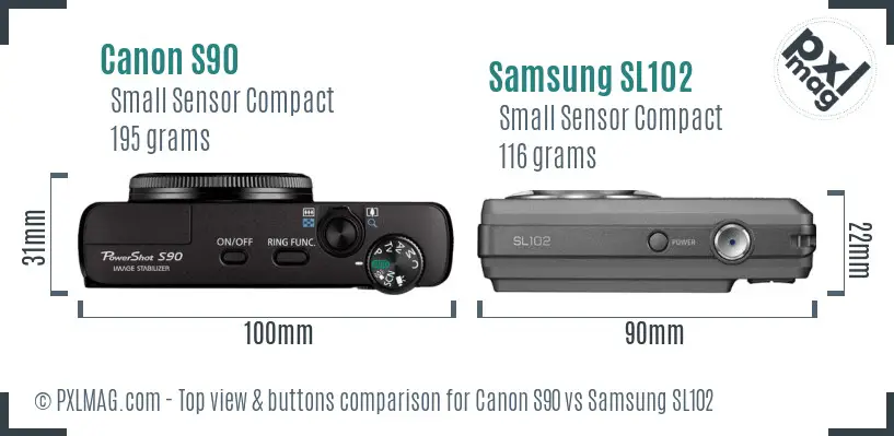 Canon S90 vs Samsung SL102 top view buttons comparison