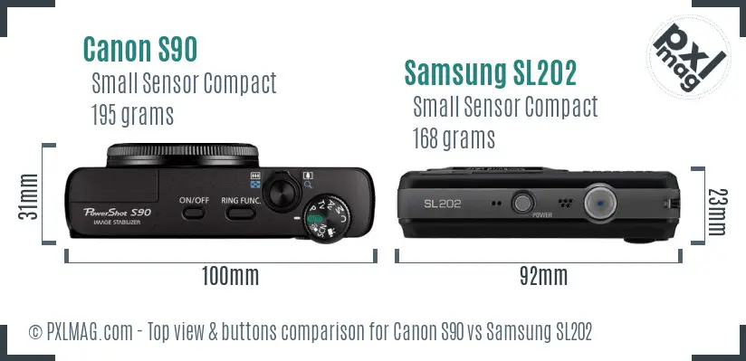 Canon S90 vs Samsung SL202 top view buttons comparison